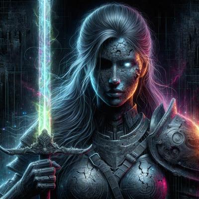 The primary subject of the image is a woman with a sword. She is wearing a metal armor and has a sword in her hand. The setting is a dark room with a purple background. The visual style is digital art, and the colors and mood are dark and mysterious.